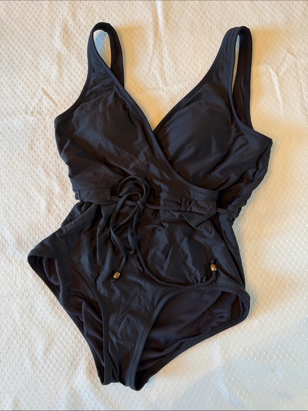 Women's Black One-Piece Surplice Swimsuit with Waist Tie